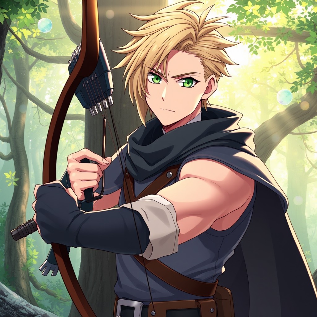 An adult anime man with striking blonde hair styled in a modern split cut, showcasing vibrant green eyes