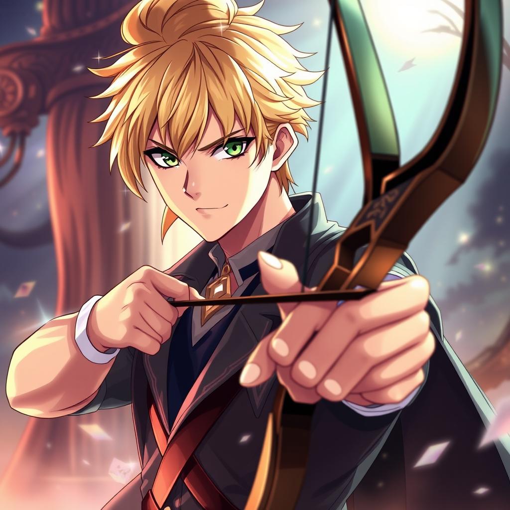 An anime-style adult male character with striking blonde modern split hair and vibrant green eyes
