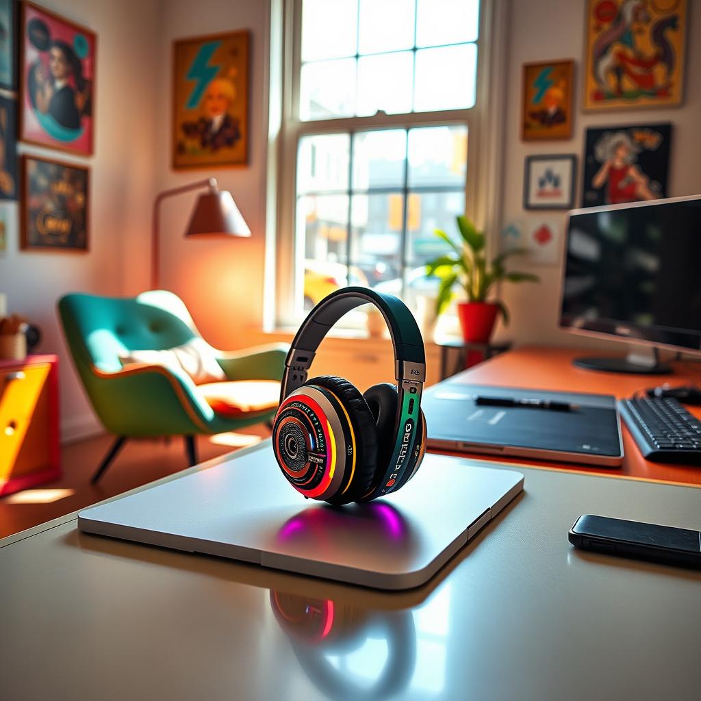 A stylish room with a colorful and vibrant setup, featuring a comfortable chair and a modern desk