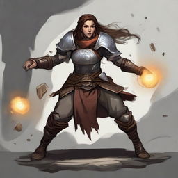 An unarmed dwarven female kineticist, clad in heavy armor, exercises her elemental control, causing wooden splinters and rocks to ascend from the ground and float gracefully in motion around her.