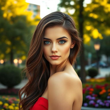 A beautiful young woman with long wavy hair, striking blue eyes, and a confident expression, facing the camera directly
