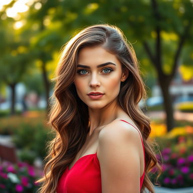 A beautiful young woman with long wavy hair, striking blue eyes, and a confident expression, facing the camera directly
