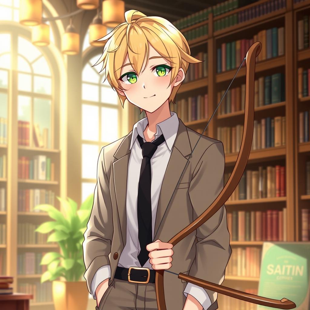 A captivating adult male character with a cute tsundere personality, featuring modern split blonde hair styled neatly, bright green eyes, and a charming smile