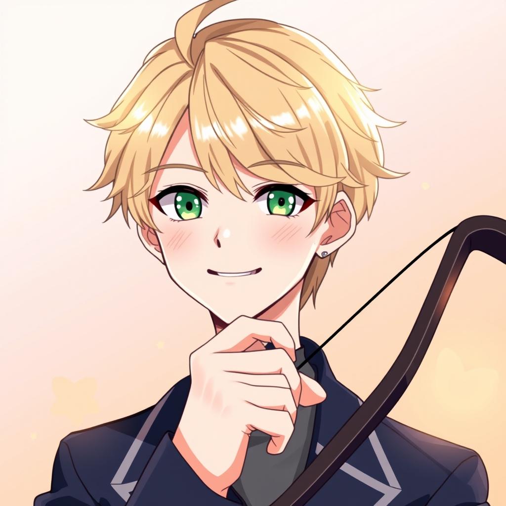 Anime-style illustration of an adult male tsundere character with blonde hair styled in a modern split fashion