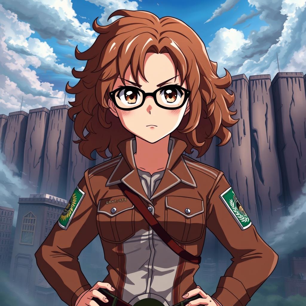 A girl with curly hair and glasses, adorned with freckles, confidently wearing an Attack on Titan uniform