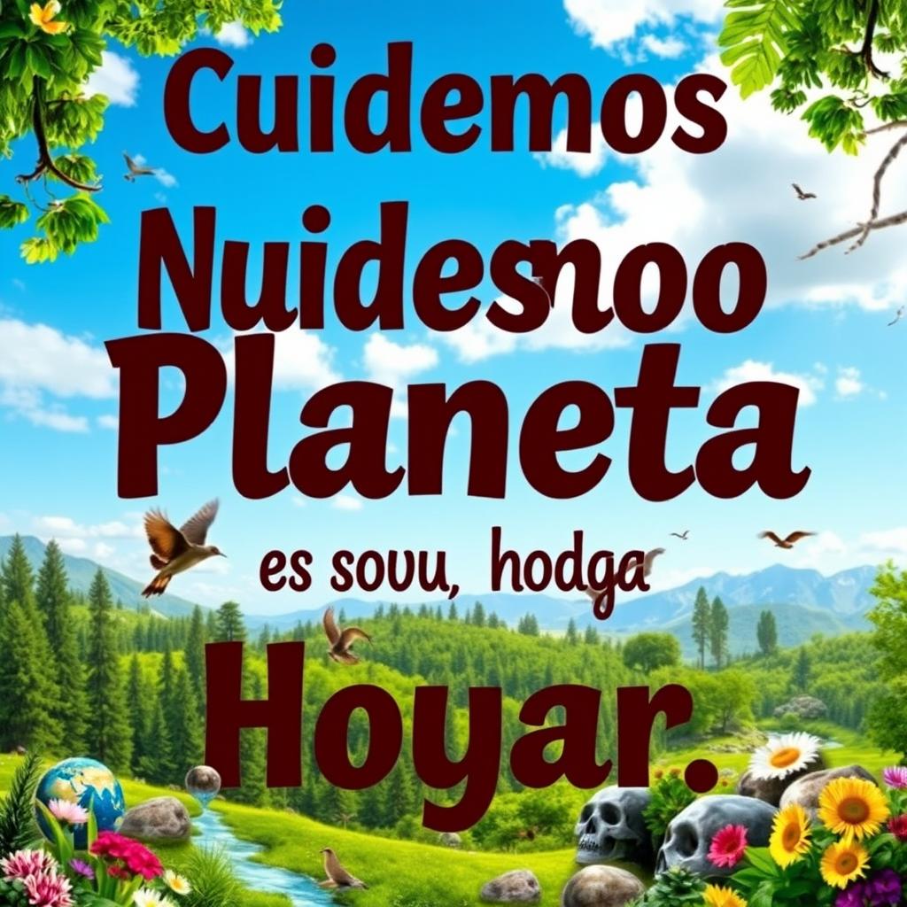 A motivational poster featuring a powerful environmental message in Spanish that reads "Cuidemos Nuestro Planeta, Es Nuestro Hogar" prominently displayed in large, artistic font