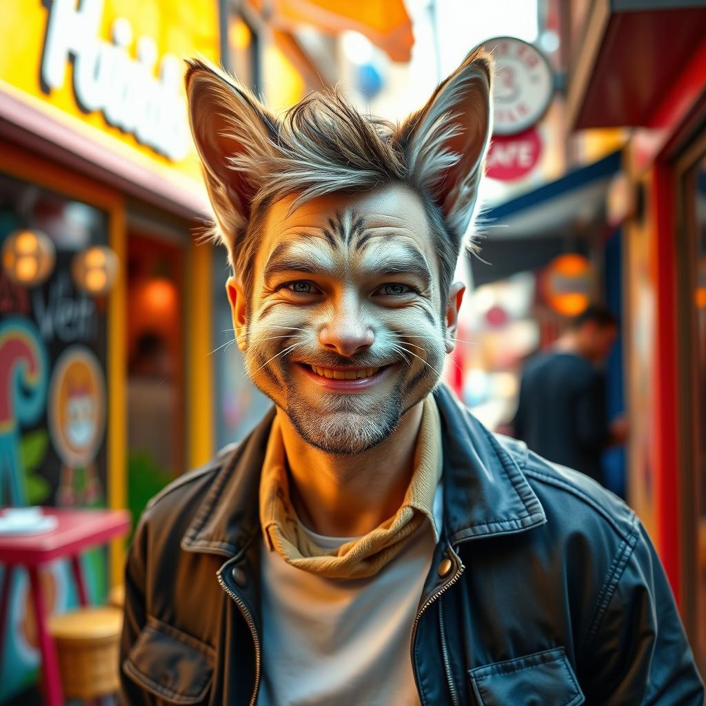 A whimsical and playful man with the distinctive features of a cat, including feline ears, whiskers, and fur patterns integrated into his facial features and clothing