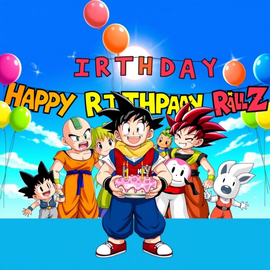 A vibrant and colorful birthday celebration scene featuring Rishu, surrounded by iconic characters from Dragon Ball Z, specifically Holy from the series