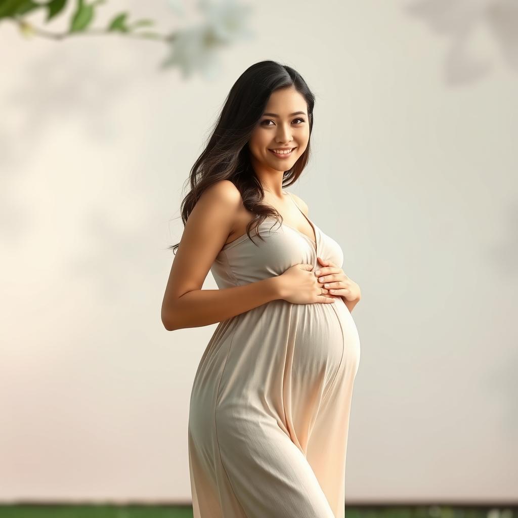 A beautifully captured portrait of a woman standing gracefully, appearing two months pregnant but still carrying a slim figure