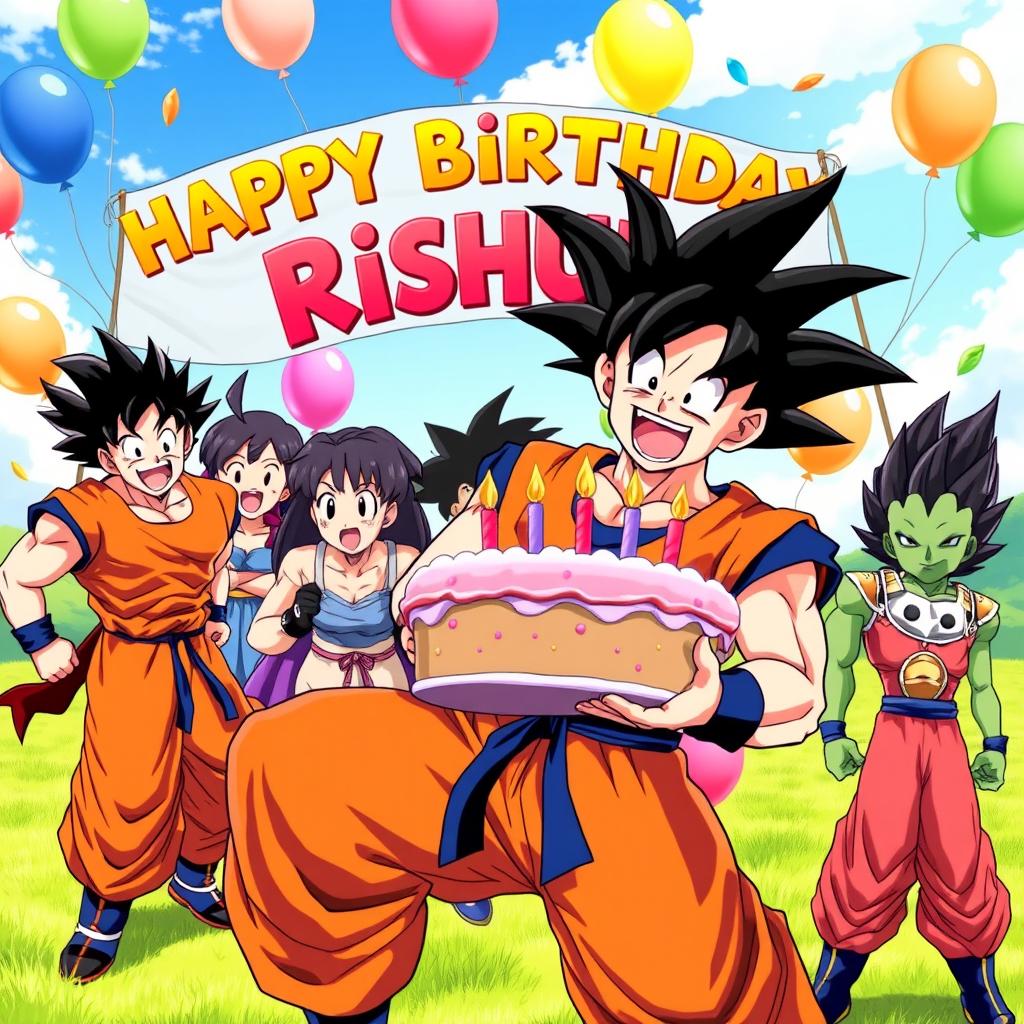 A lively birthday scene featuring Goku from Dragon Ball Z, energetically celebrating Rishu's birthday