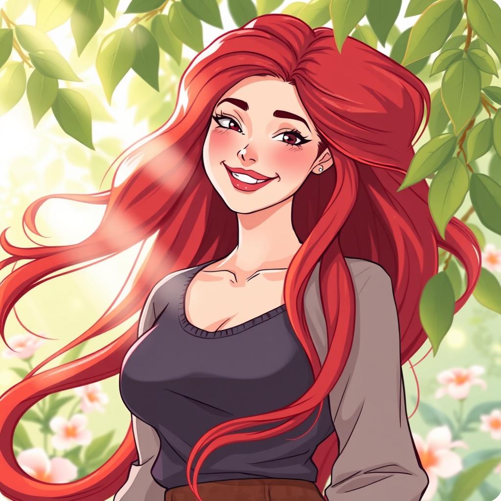 A vibrant and empowering illustration of an adult woman with long, flowing red hair, embodying the essence of strength and resilience