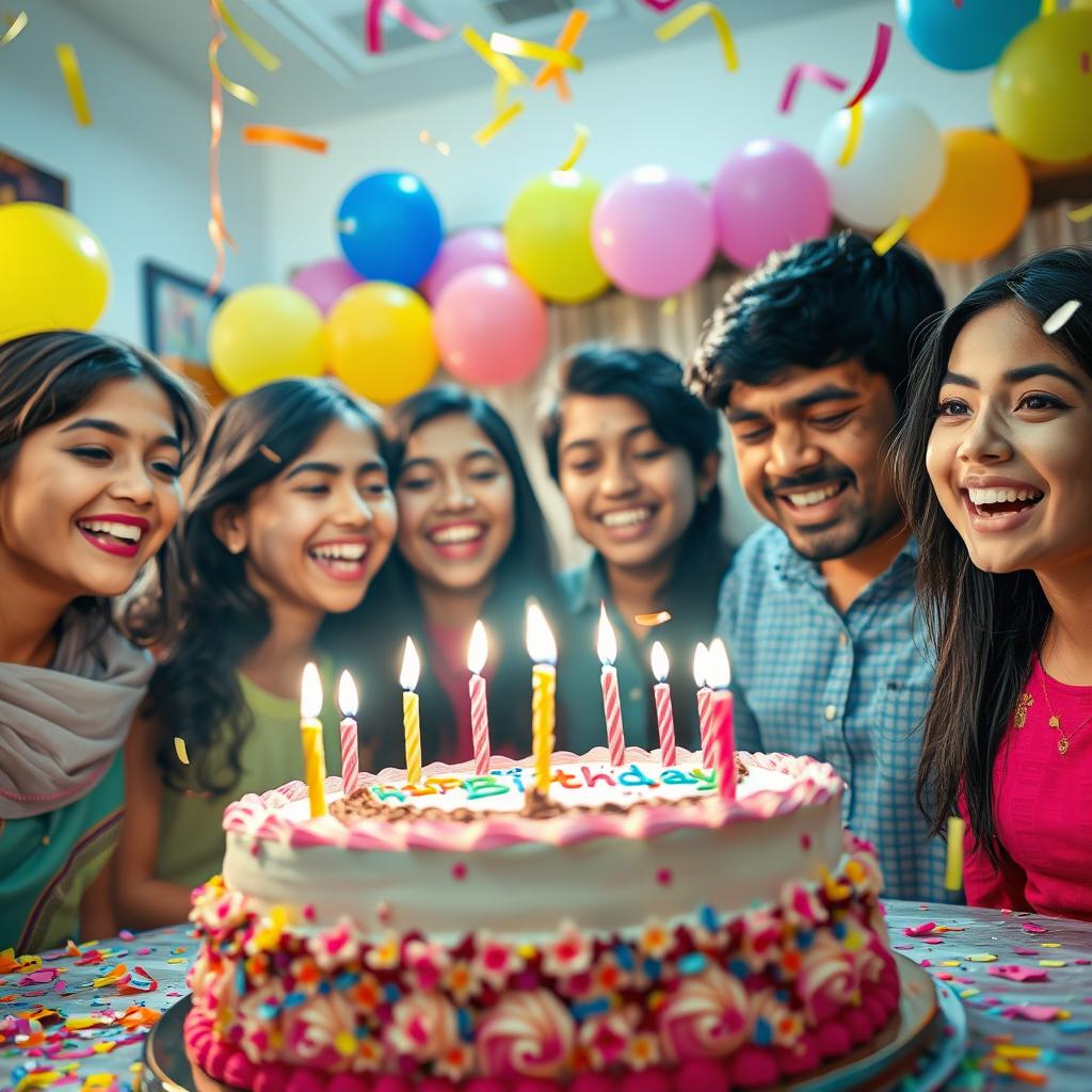 A vibrant and festive birthday celebration scene featuring a beautifully decorated birthday cake with candles lit, colorful balloons in the background, and cheerful decorations around