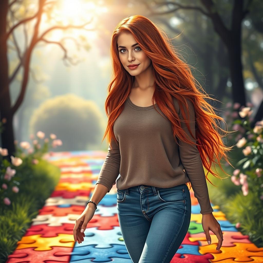 A depiction of a confident adult woman with long, flowing red hair and warm brown eyes, embodying the essence of neurodiversity