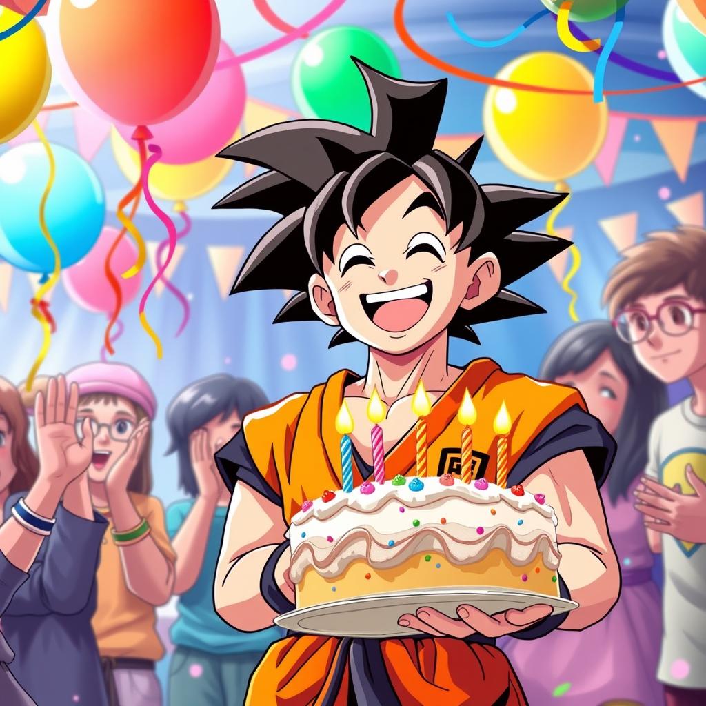 A joyful birthday celebration scene featuring a character resembling Goku from Dragon Ball, wearing his signature orange gi and smiling broadly