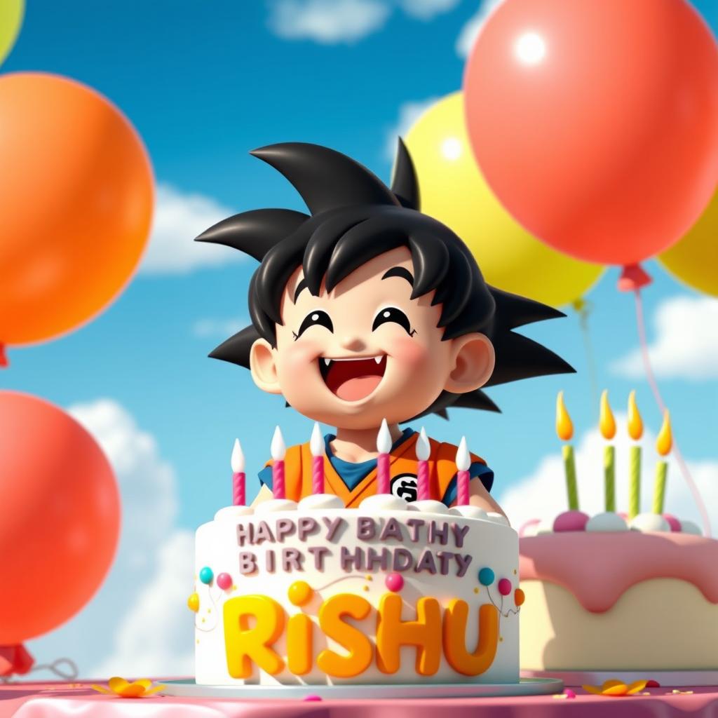 A cheerful scene showcasing a small, adorable version of Goku from Dragon Ball, celebrating a birthday party