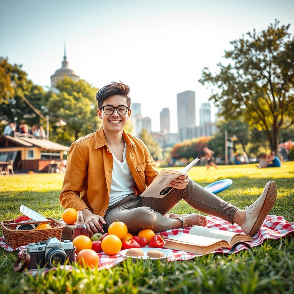 A vibrant lifestyle scene depicting a young adult enjoying leisurely outdoor activities in an urban park