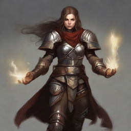 An unarmed dwarven female kineticist, securely dressed in heavy armor, channels her profound elemental energy, causing whispers of earth energy and leaves to serenely float and orbit around her.