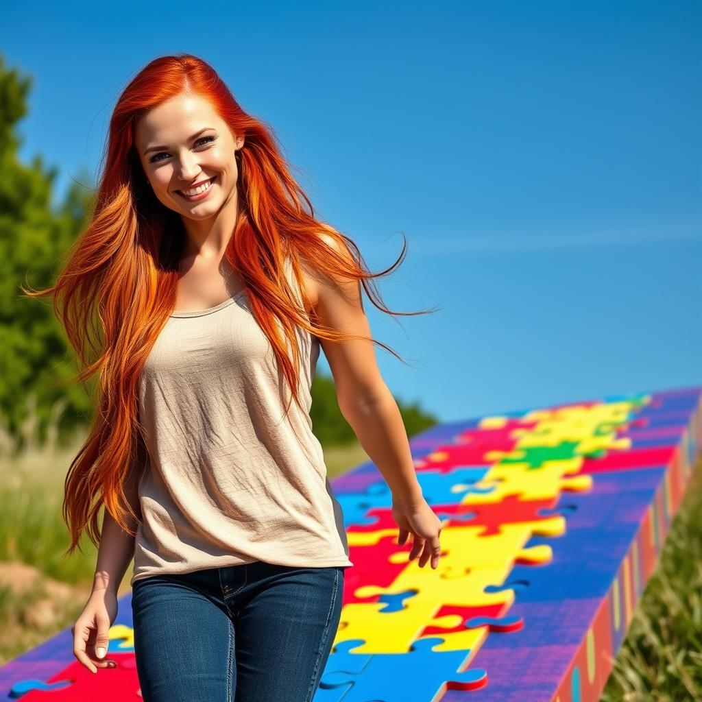 A beautiful adult woman with long, flowing red hair and warm brown eyes, depicted as an inspirational figure navigating a vibrant path made of colorful puzzle pieces, symbolizing the autism spectrum