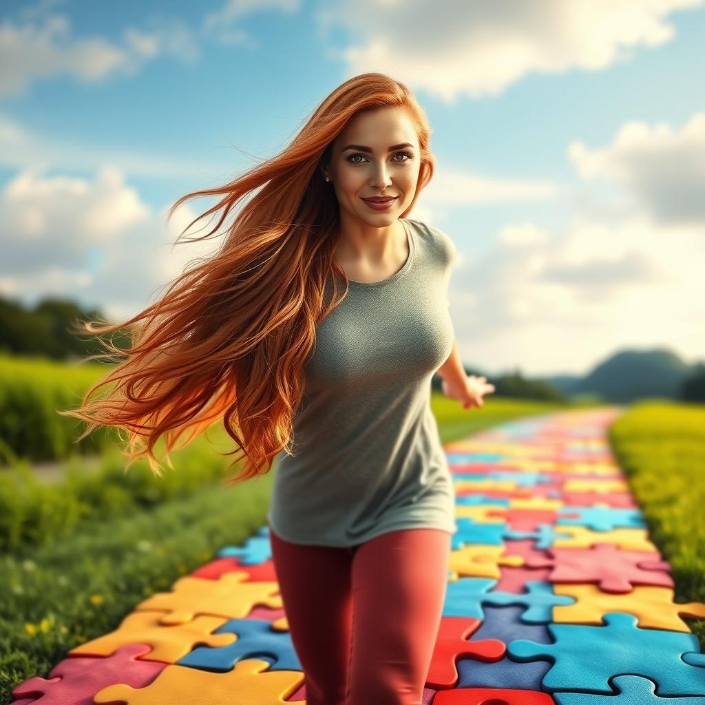A beautiful adult woman with long, flowing red hair and warm brown eyes, depicted as an inspirational figure navigating a vibrant path made of colorful puzzle pieces, symbolizing the autism spectrum