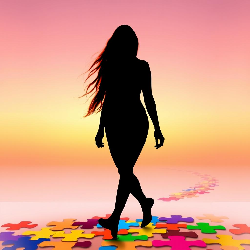 A silhouette of a beautiful adult woman with long, flowing red hair and warm brown eyes, gracefully walking along a vibrant path made of colorful puzzle pieces, symbolizing the autism spectrum