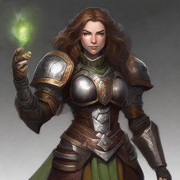 An unarmed dwarven female kineticist, securely dressed in heavy armor, channels her profound elemental energy, causing whispers of earth energy and leaves to serenely float and orbit around her.