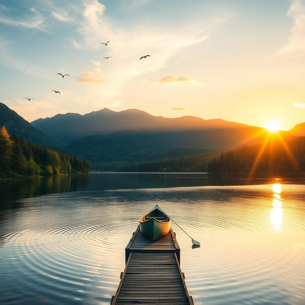 A beautiful landscape scene featuring a serene lake surrounded by lush green trees and mountains in the background