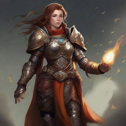 An unarmed dwarven female kineticist, securely dressed in heavy armor, channels her profound elemental energy, causing whispers of earth energy and leaves to serenely float and orbit around her.