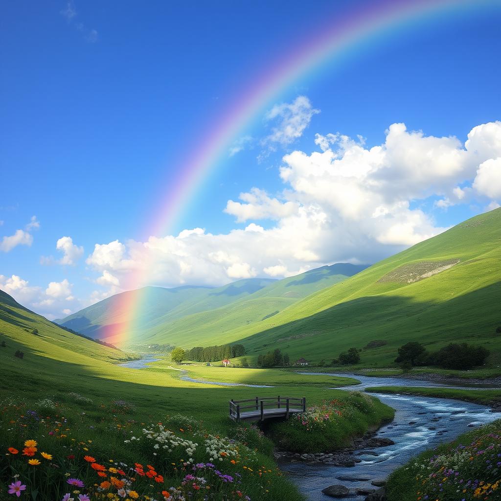 A beautiful landscape featuring a vibrant rainbow arcing across a clear blue sky after a gentle rain