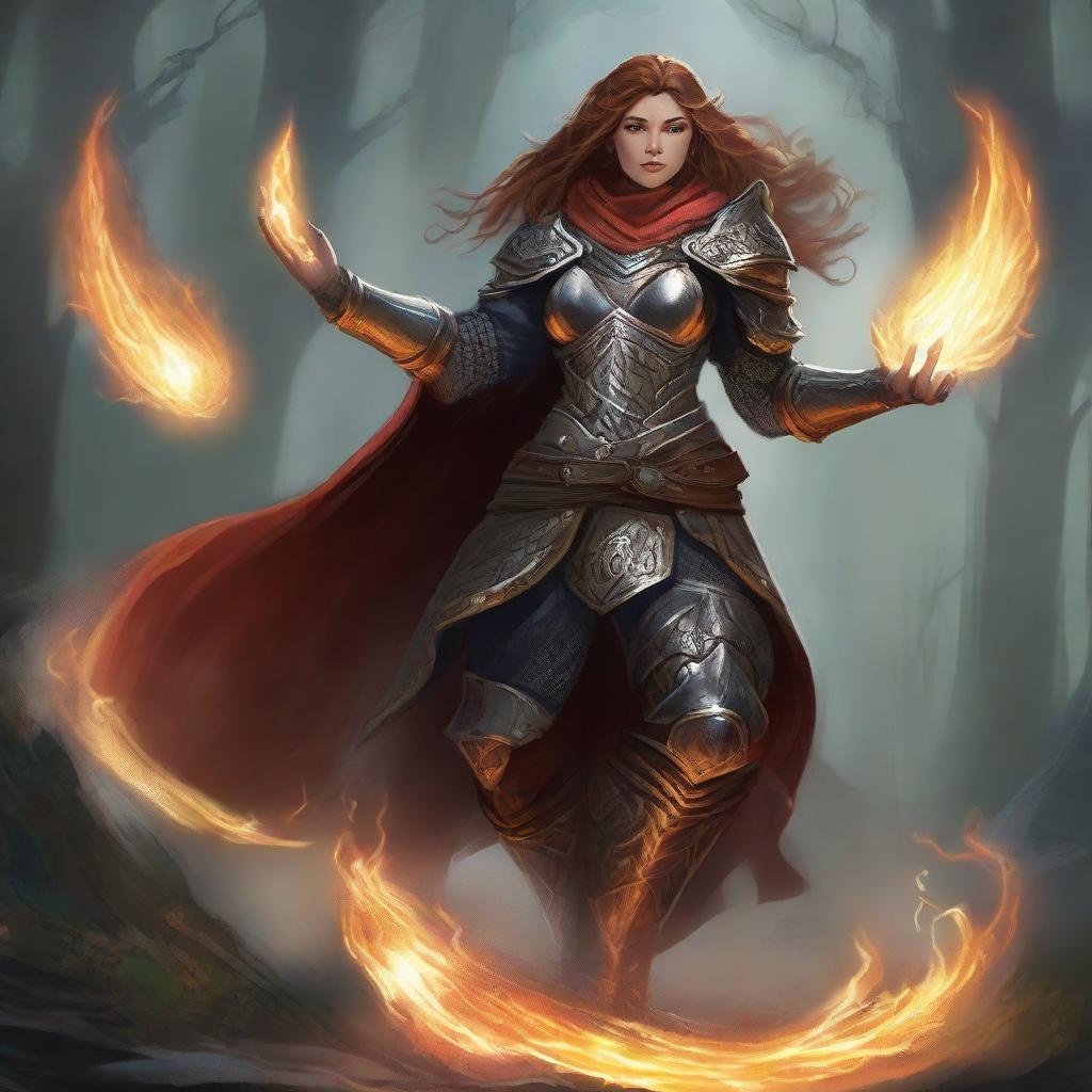 A warrior of elements, an unarmed dwarven female kineticist, adorned in hefty armor, masters her abilities causing streams of earth energy and leaves to rise and float in a mesmerizing dance around her.