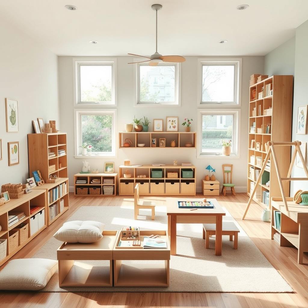 A beautifully designed Montessori-style playroom filled with natural wood furniture and open shelving, showcasing a variety of educational toys and art supplies
