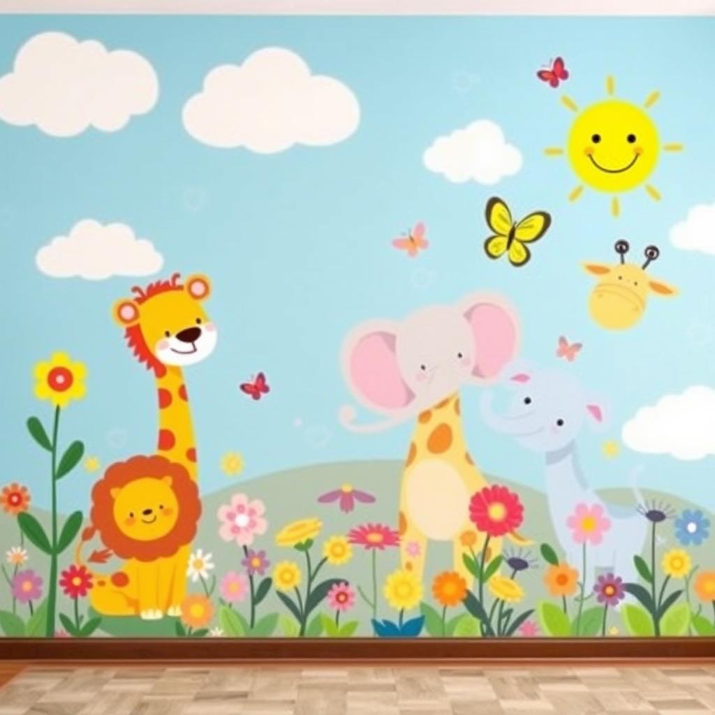 A cute mural painting designed for a kindergarten classroom, featuring a vibrant sky blue background