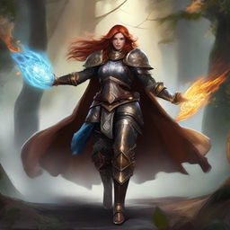 A warrior of elements, an unarmed dwarven female kineticist, adorned in hefty armor, masters her abilities causing streams of earth energy and leaves to rise and float in a mesmerizing dance around her.