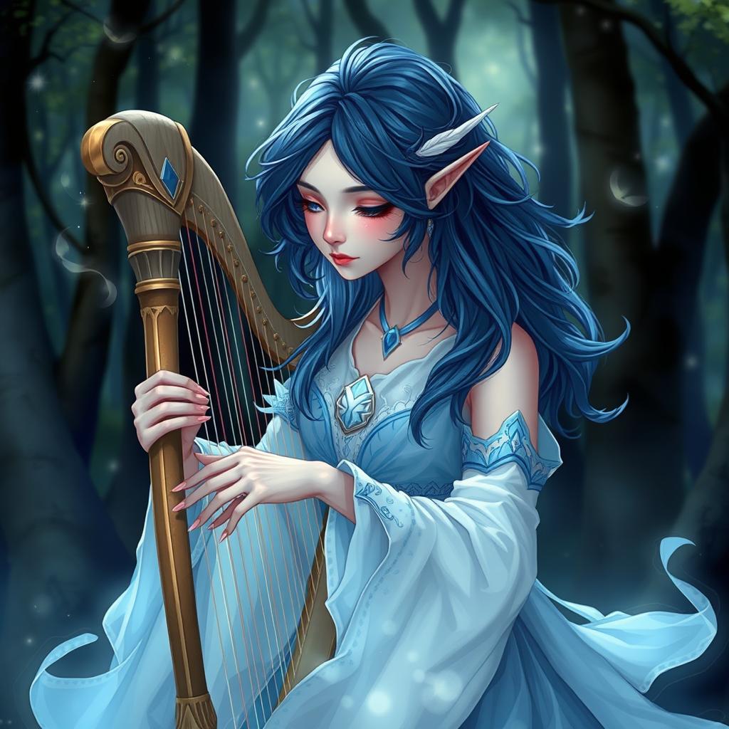 A female air genasi bard with dark blue hair, skillfully playing her harp