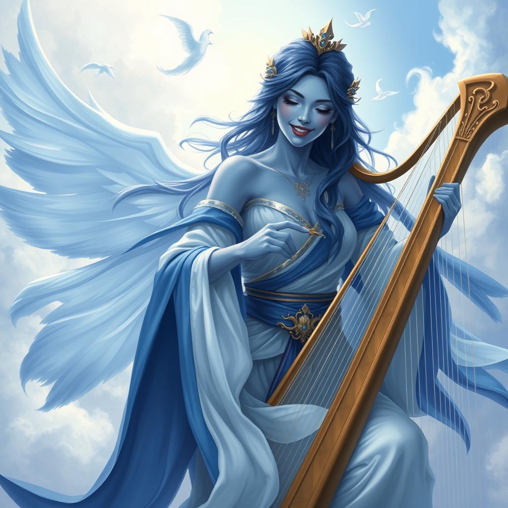 A female air genasi bard with dark blue hair and blue skin, elegantly playing a harp