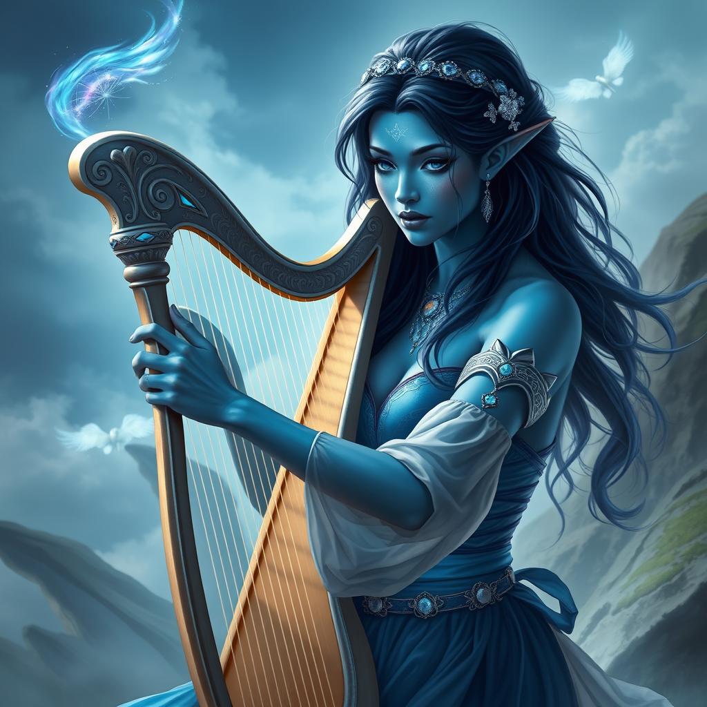 A striking female air genasi bard with dark blue hair and vibrant blue skin, gracefully playing a beautifully crafted harp