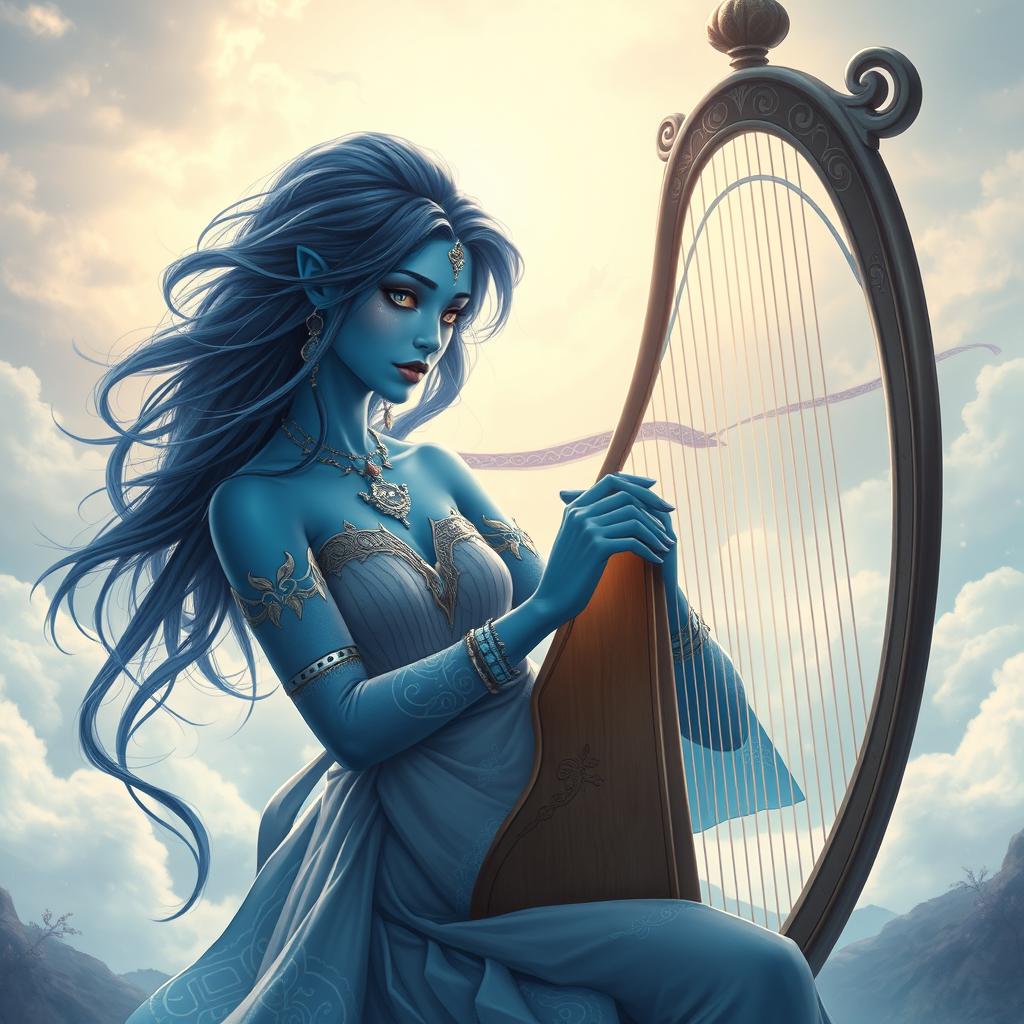 A striking female air genasi bard with dark blue hair and vibrant blue skin, gracefully playing a beautifully crafted harp