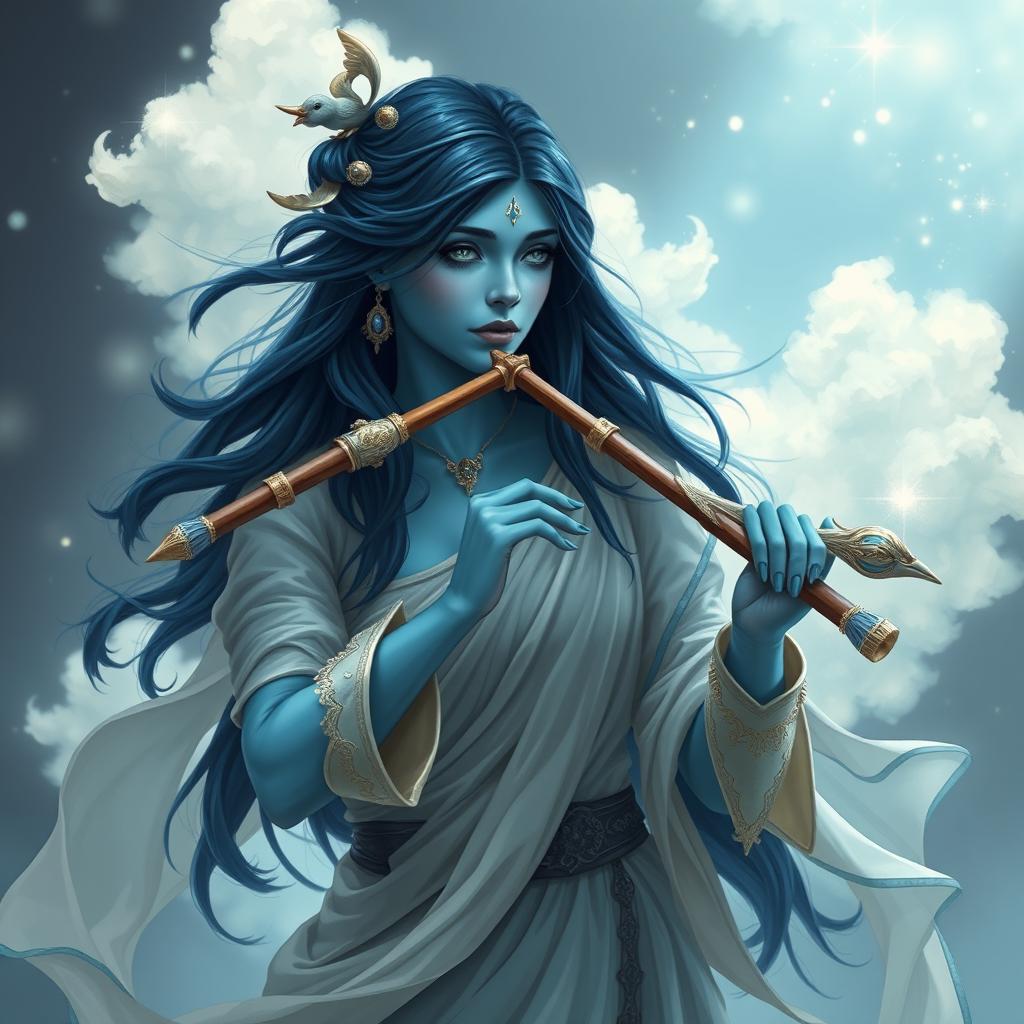 A female air genasi bard with dark blue hair and blue skin, elegantly playing birdpipes