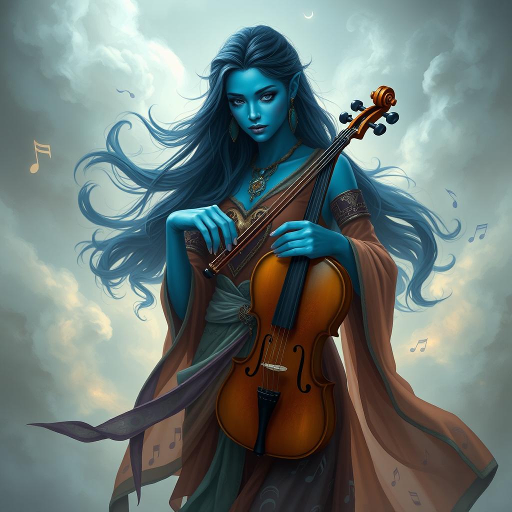A female air genasi bard with dark blue hair and blue skin, gracefully holding a fiddle