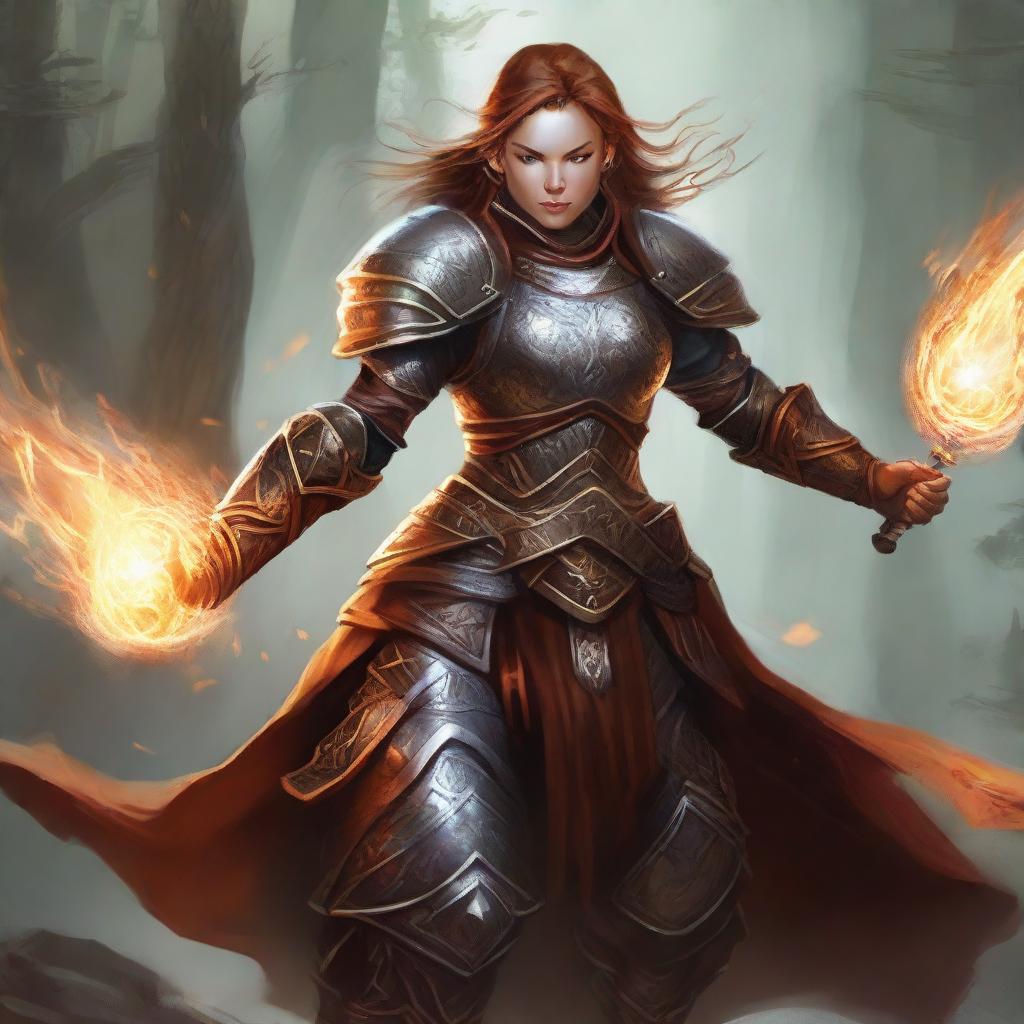 A warrior of elements, an unarmed dwarven female kineticist, adorned in hefty armor, masters her abilities causing streams of earth energy and leaves to rise and float in a mesmerizing dance around her.