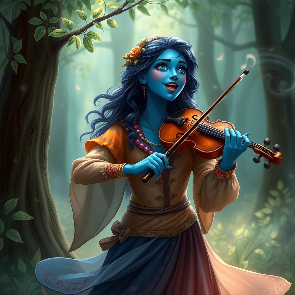 A female air genasi bard with dark blue hair and vibrant blue skin, passionately singing while playing her fiddle