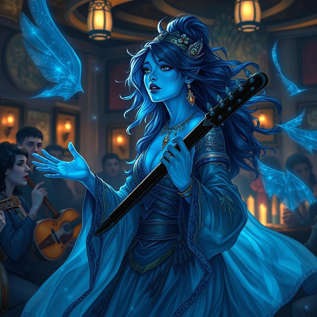 A female Air Genasi bard with dark blue hair and vibrant blue skin, captivating her audience with a melodious song