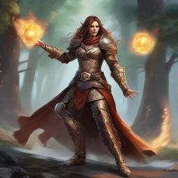 A warrior of elements, an unarmed dwarven female kineticist, adorned in hefty armor, masters her abilities causing streams of earth energy and leaves to rise and float in a mesmerizing dance around her.