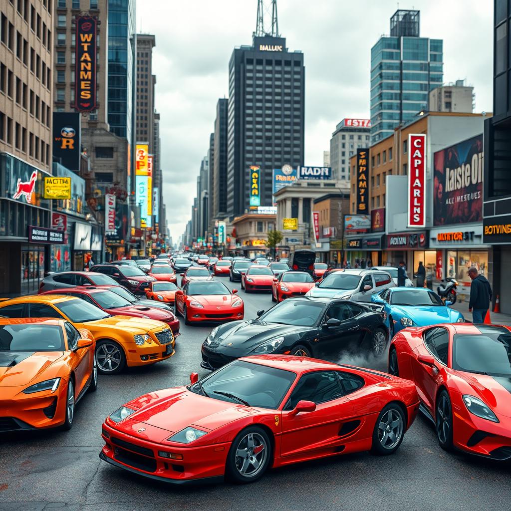 A vibrant and dynamic street scene featuring a variety of cars from different eras, including classic muscle cars, modern sports cars, and sleek electric vehicles