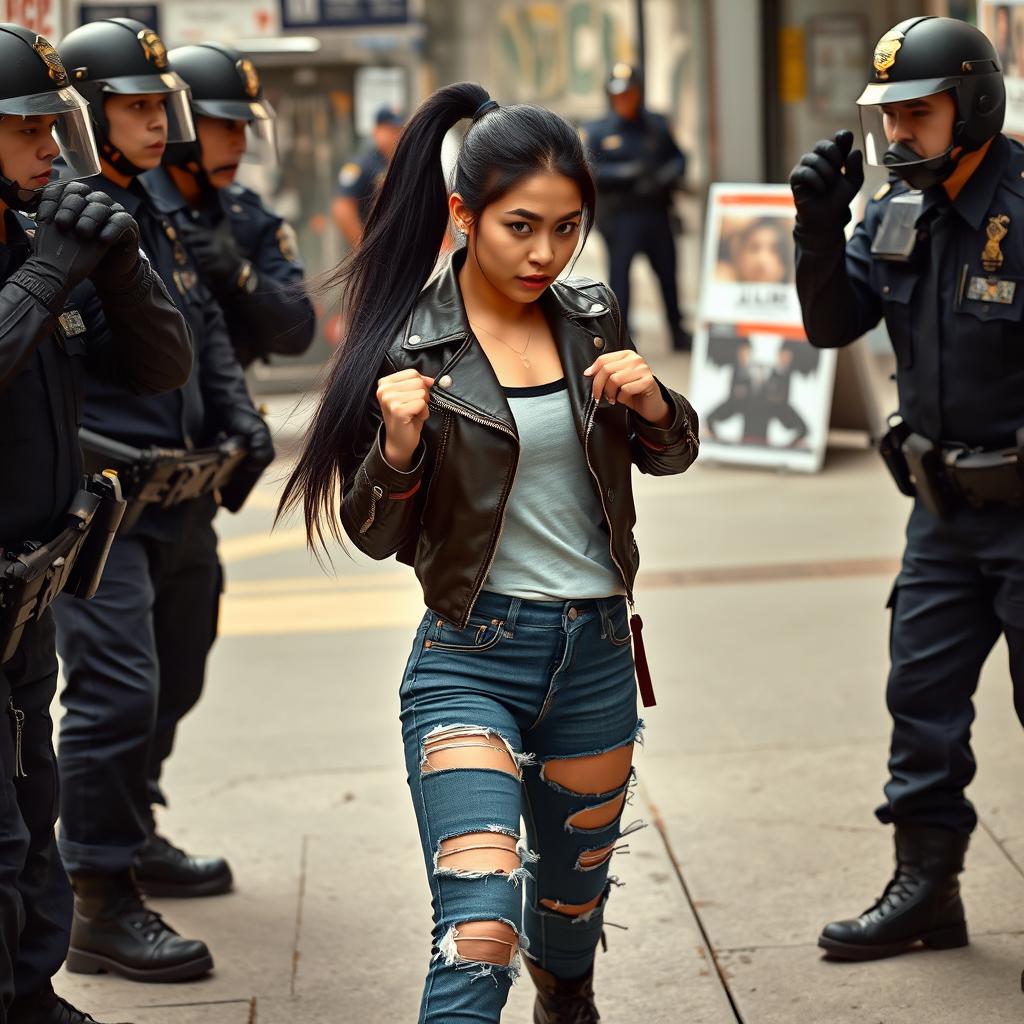 A powerful scene capturing a woman in a determined stance facing off against police officers, showcasing a dramatic confrontation