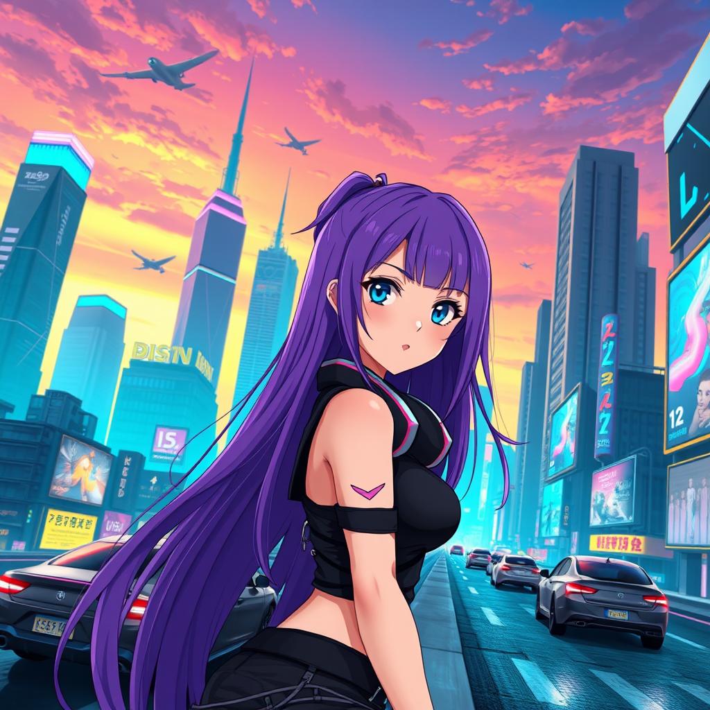 A vibrant anime scene featuring a futuristic cityscape at sunset, with towering skyscrapers adorned with neon lights