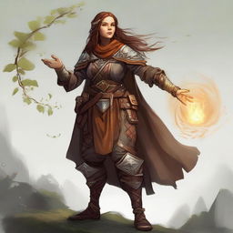 An unarmed dwarven female kineticist, armored heavily, channels her connection with the earth, causing an aura of earthly energy and fluttering leaves to gracefully levitate and revolve around her.