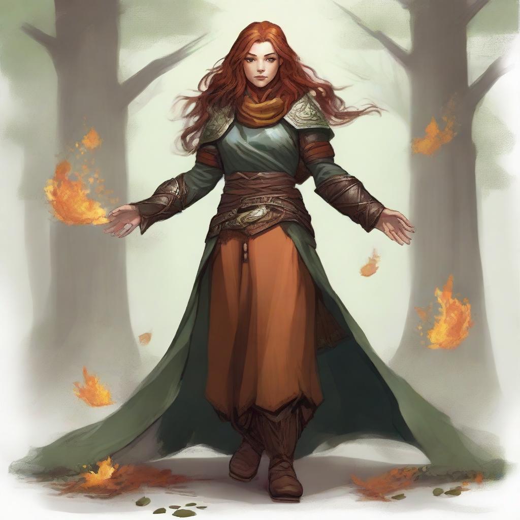 An unarmed dwarven female kineticist, armored heavily, channels her connection with the earth, causing an aura of earthly energy and fluttering leaves to gracefully levitate and revolve around her.