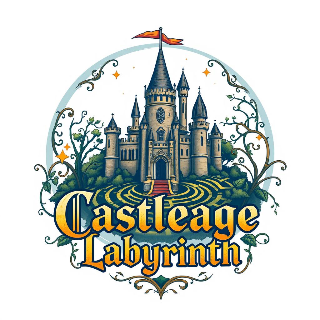 A detailed and artistic logo design for 'Castleage Labyrinth', featuring a medieval castle surrounded by a mystical labyrinth