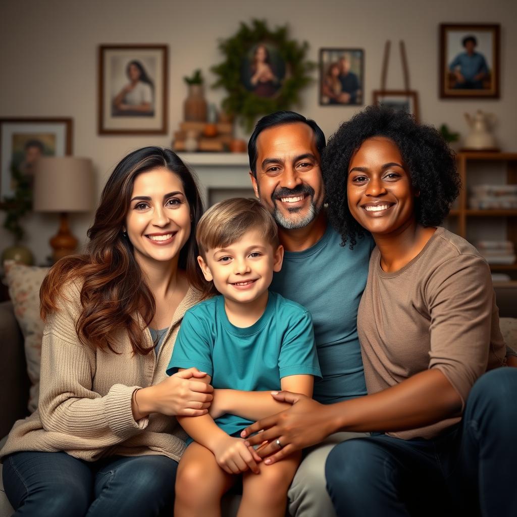 A realistic family portrait featuring a diverse family unit
