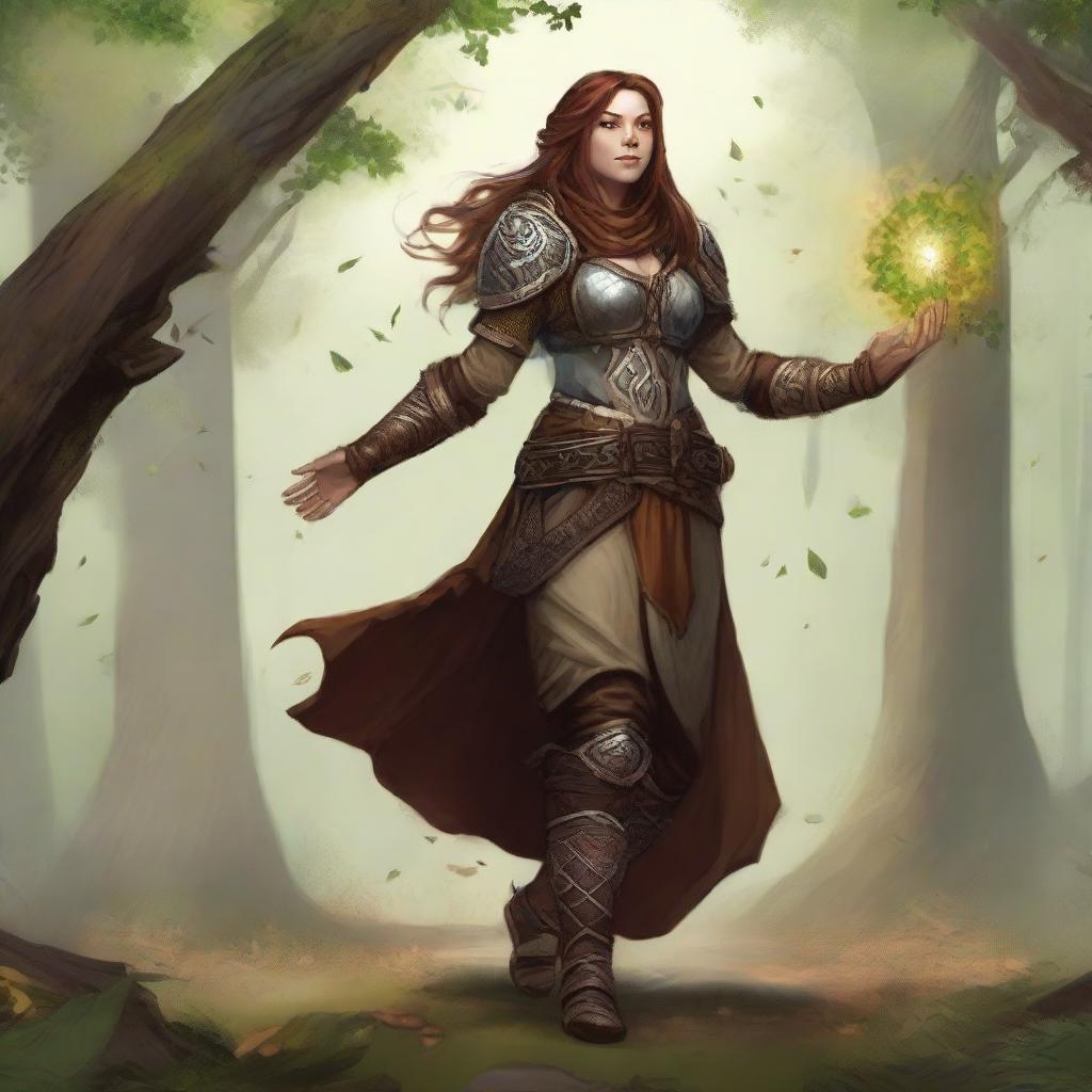 An unarmed dwarven female kineticist, armored heavily, channels her connection with the earth, causing an aura of earthly energy and fluttering leaves to gracefully levitate and revolve around her.